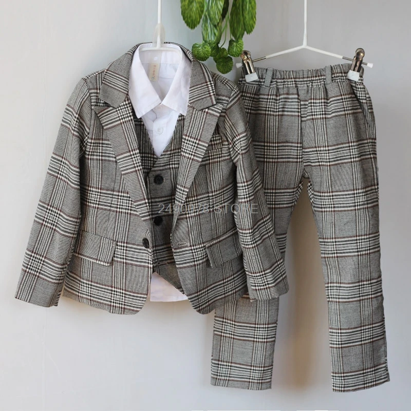 Vest + Blazer + Pants +Tie 4pcs Kids Boys Formal Wedding Suit Gentleman Tuxedo Dress Children Party Costume Clothing 2-12T