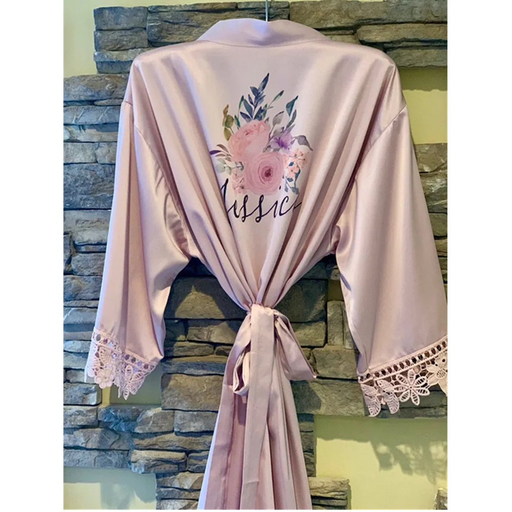 Floral dusty rose bridal shower robe custom Lace satin bride robes bridesmaid nightgown Bathrobe proposal gift wedding keepsake