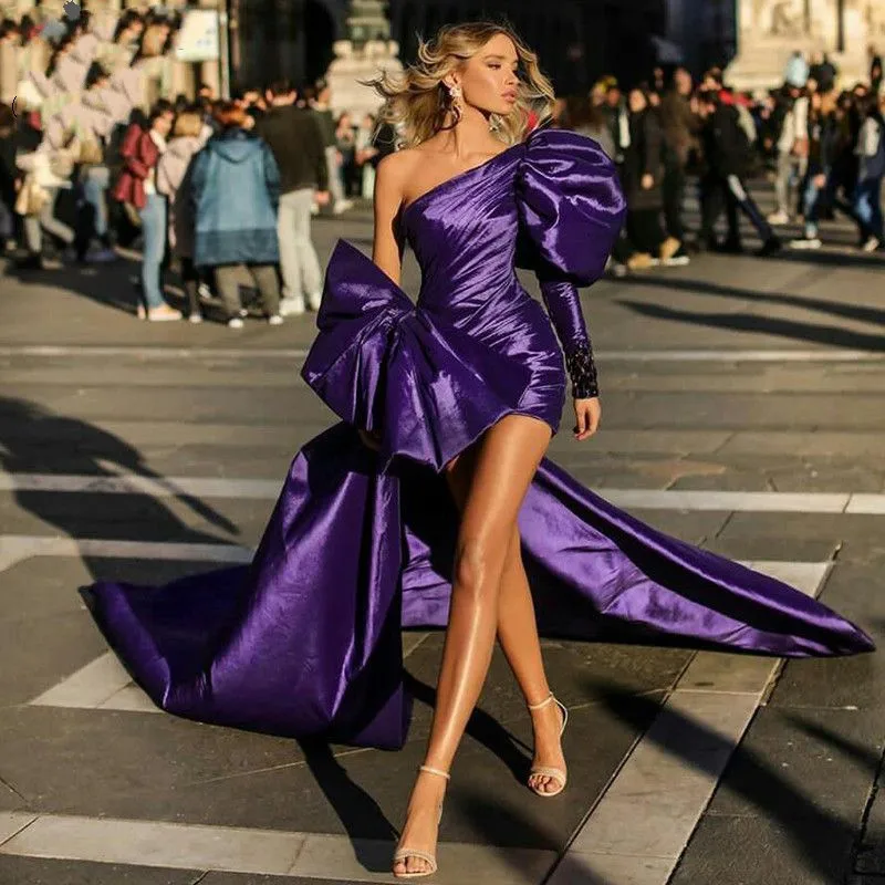 

Sexy Purple Prom Dresses With Detachable Train Pleats One Shoulder Sleeves Evening Gowns Celebrity Vestido Longo Robe De Soiree