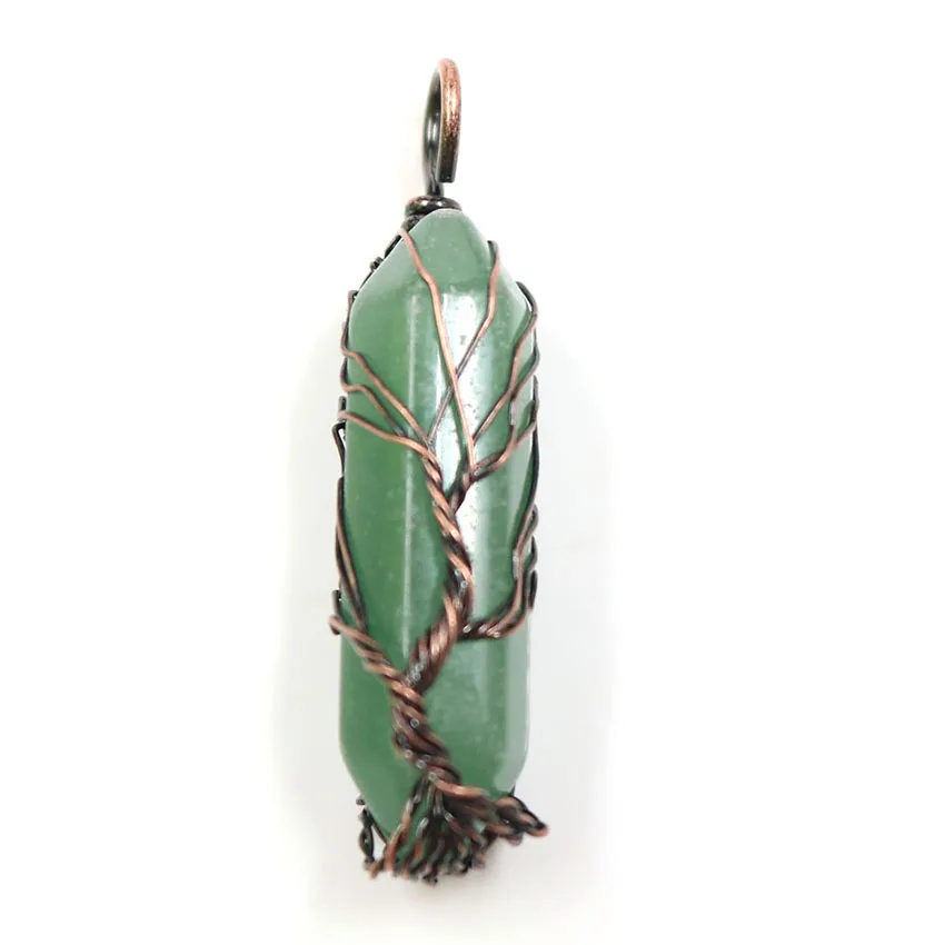 

Antique Copper Plated Irregular Shape Natural Green Aventurine Pendant Wire Wrap Tree of Life Jewelry