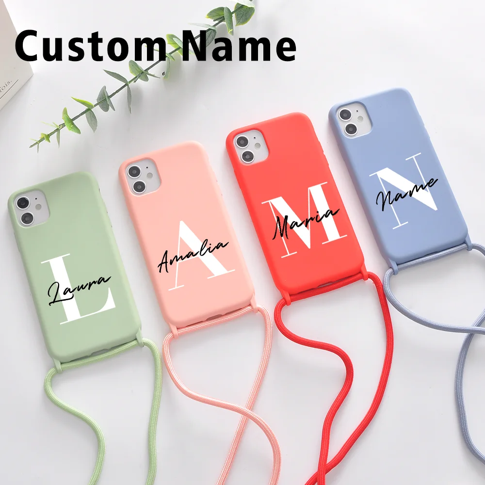 Чехол для iPhone с именем на заказ для iPhone 12 11 Pro Max X XR XS 7 8 Plus SE, мягкий чехол с ремешком через плечо и надписью