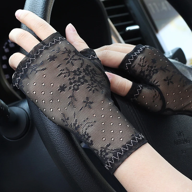 Guantes de protección solar de encaje de verano para mujer, sección delgada de medio dedo, tatuaje de cicatriz fría, decoración de conducción