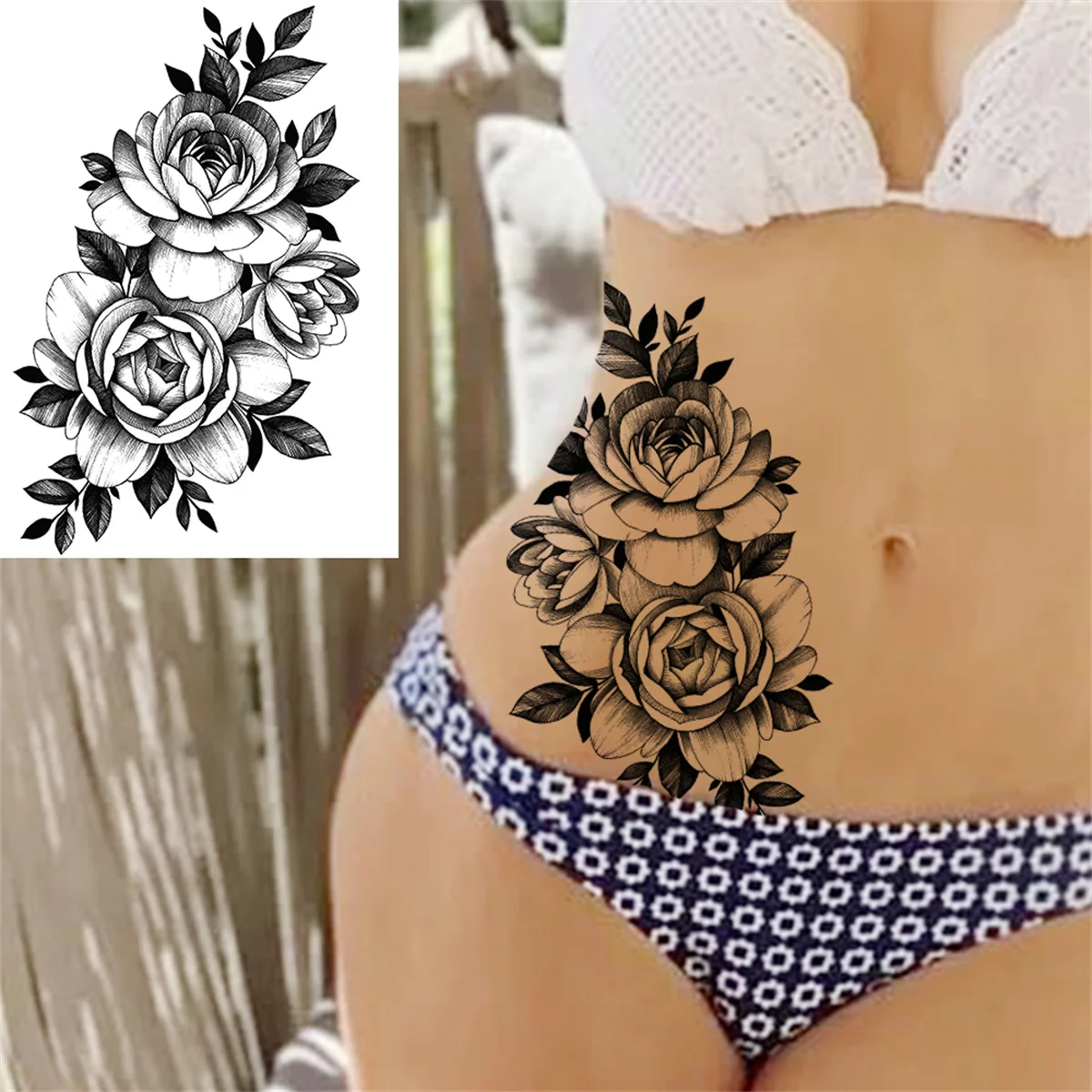 Anhänger Blume Temporäre Tattoos Für Frauen Erwachsene Gefälschte Schmuck Tattoo Aufkleber Pfingstrose Schwarz Henna Mond Große Oberschenkel Tatoo Wasserdicht
