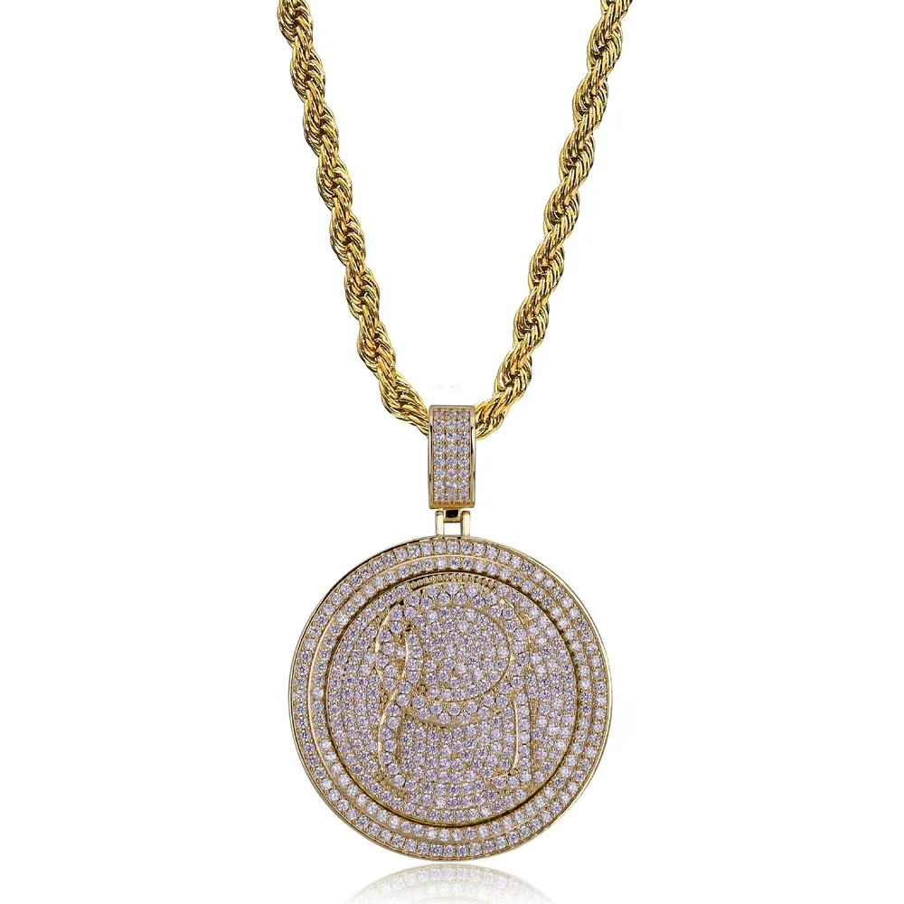 Rotatable Disc Rapper QC Pendant & Necklace 18k Gold Plated Lab Diamond Iced Out Chain Bling Fashion Hip Hop Jewelry