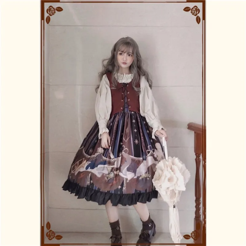 Vintage  bowknot cute printing Japanese student high waist princess victorian strap dress kawaii girl gothic lolita cos loli