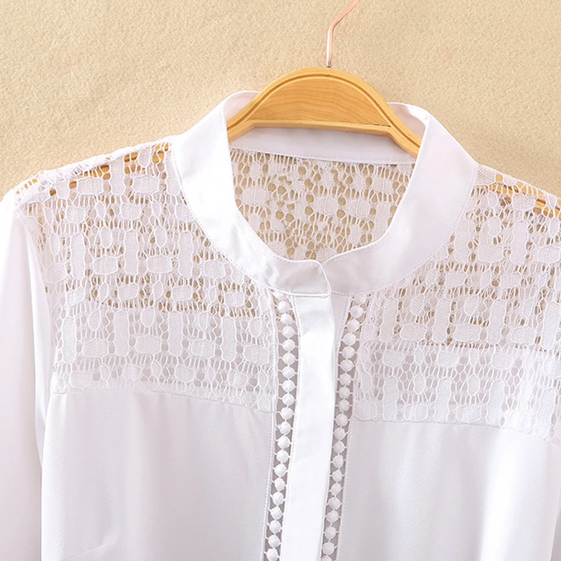 New Fashion Office Blouse Women Stand Collar Lace Patch Long Sleeve Body Shirt Romper Body Tops Blouse Hollow out Bodysuit White