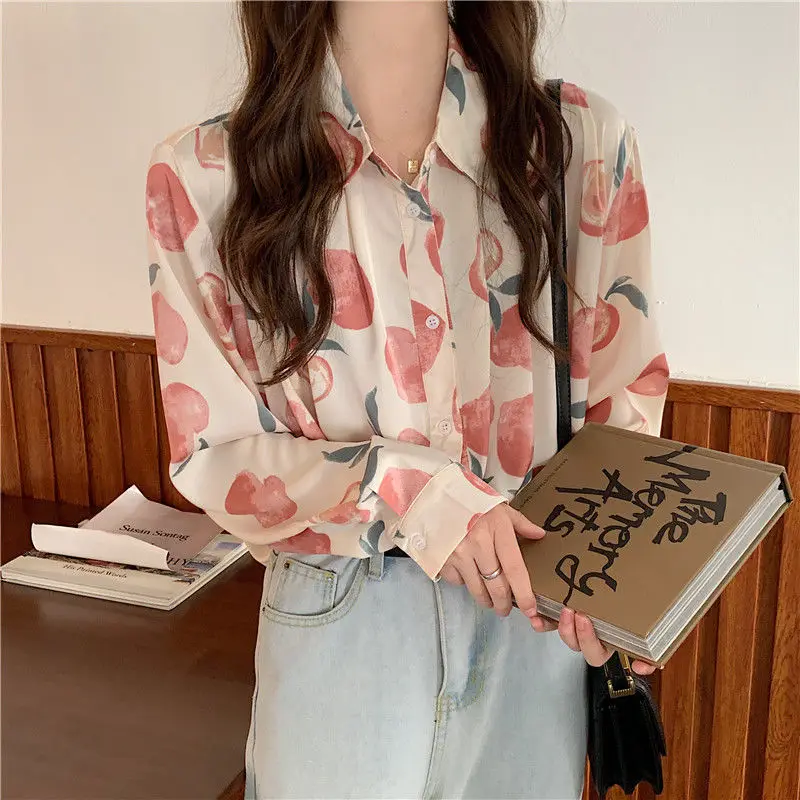 Shirts Women Retro College Female Peach-printed Breathable Single-breasted Spring Button Straight Long-sleeve Vintage Chiffon