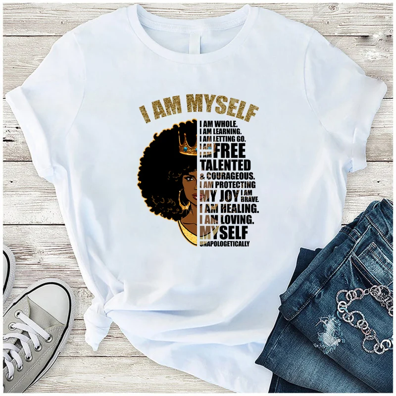 Afro Women Iron-On Transfers For Clothing I Am Myself Thermal Stickers Clothes DIY Washable T-Shirt Patch Heat Transfer Stickers