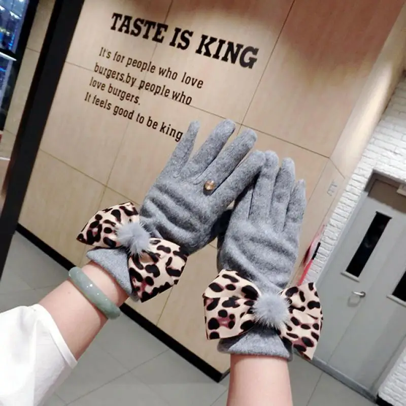 

Leopard Print Mink Hair Bow Cashmere Gloves Fashion Korean Style Thickened Double Layer Female Student Autumn and Winter Gloves