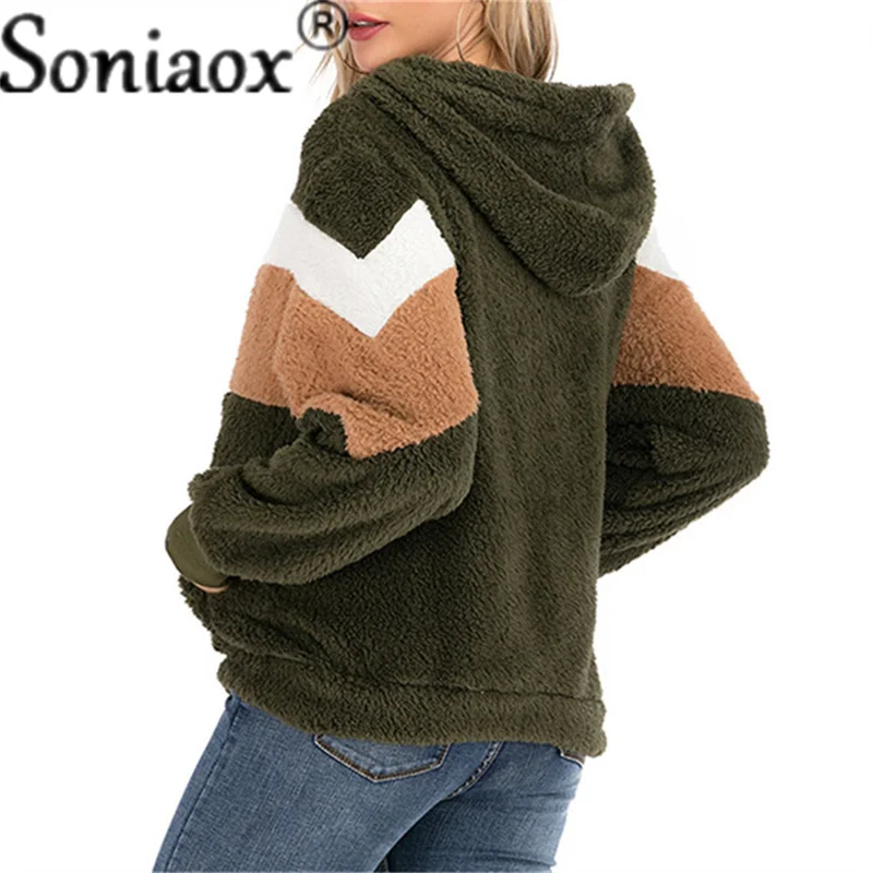 2021 Winter Autumn Women Plush Coat Fashion Hooded Zipper Jackets Casual Loose Patchwork Stripe Faux Hair Warm Ladies Sweatshirt