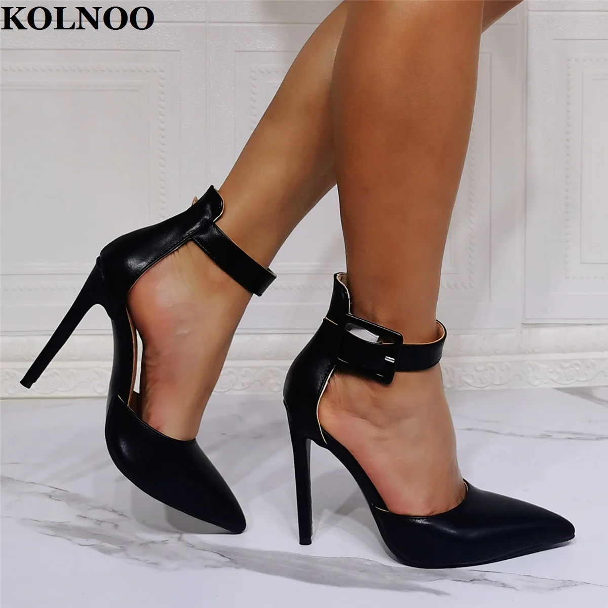 Kolnoo Real Photos Ladies High Heels Sandals Buckle Ankle Strap D'orsay Style Sexy Evening Black Fashion Shoes For Party Prom