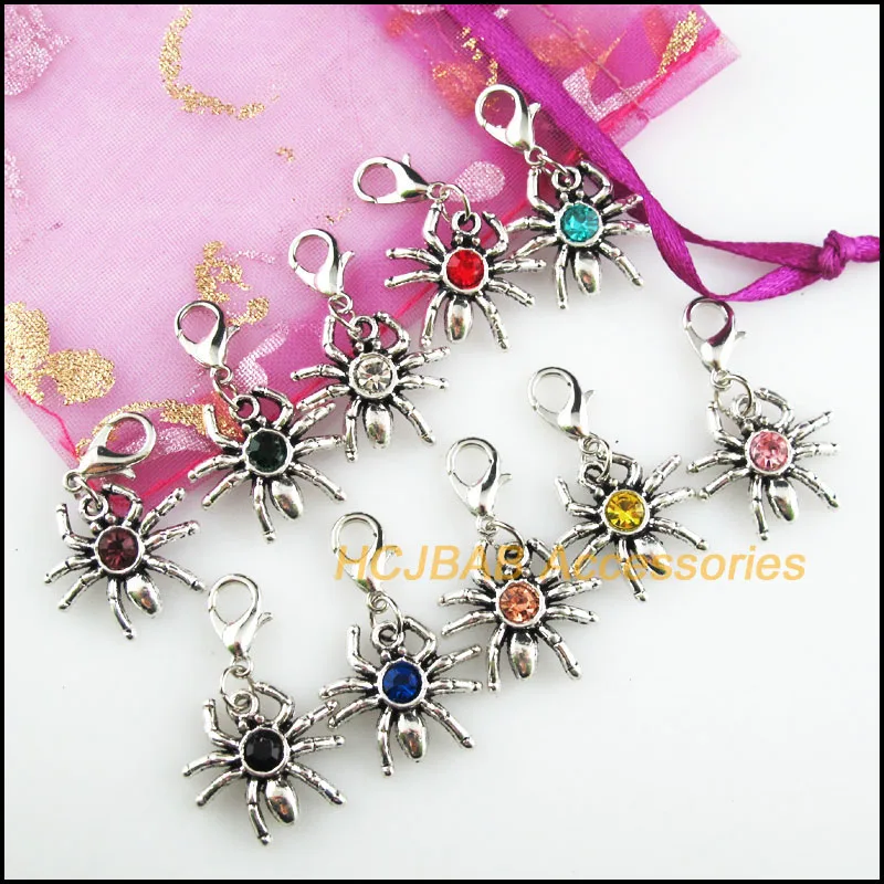 10Pcs Tibetan Silver Tone Spider Retro Mixed Round Crystal 17x19mm With Lobster Claw Clasps Charms