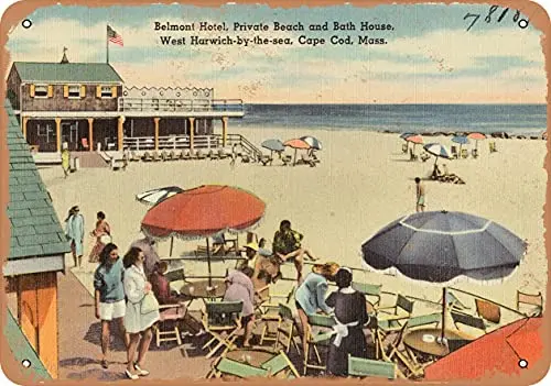 Metal Sign - Massachusetts Postcard - Belmont Hotel, Private Beach and Bath House, West Harwich-by-The-sea, Vintage Rusty Look