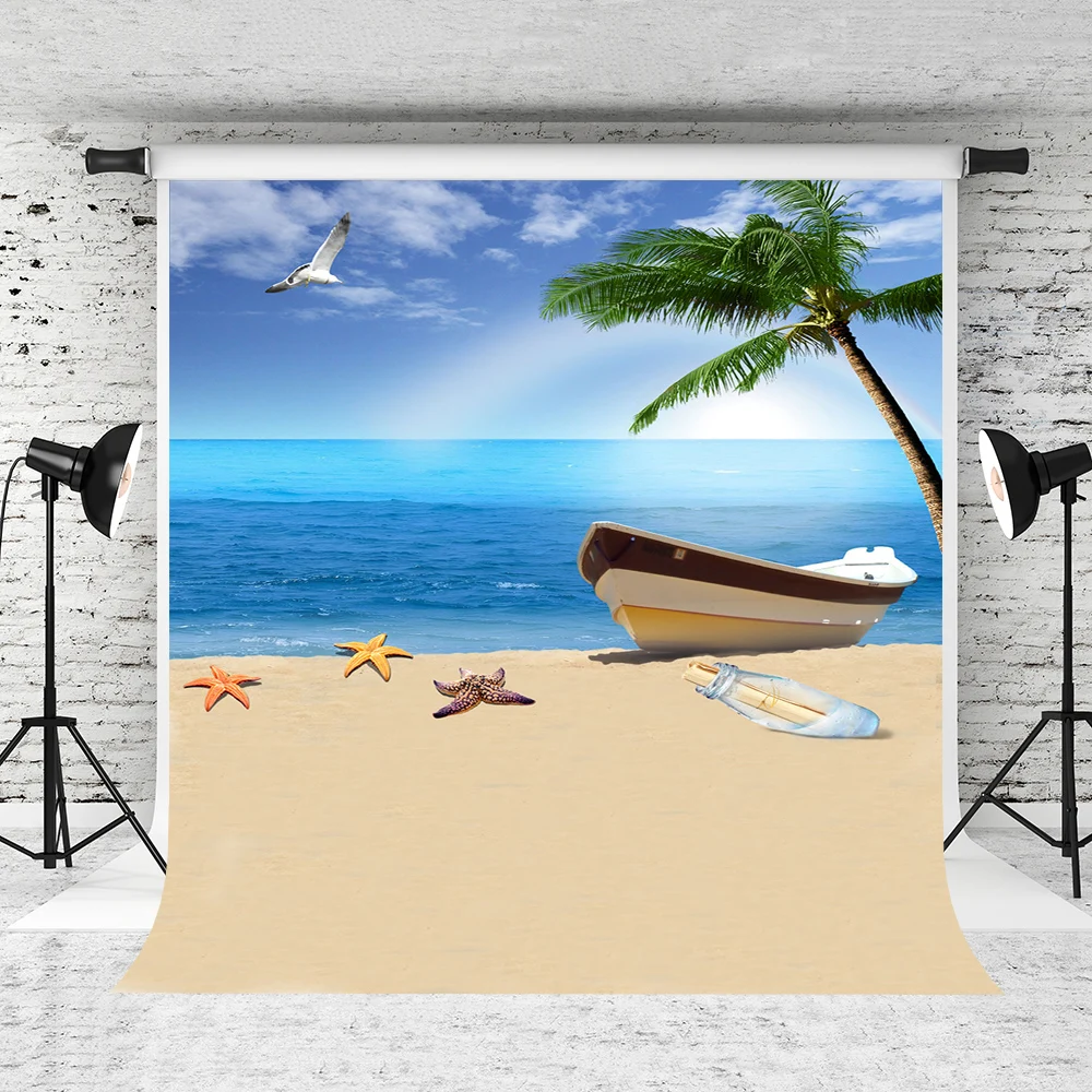 

VinylBDS 5x7ft Beach Photo Backgrounds Summer Vacation By The Sea Vessels Photography Backdrops Photo