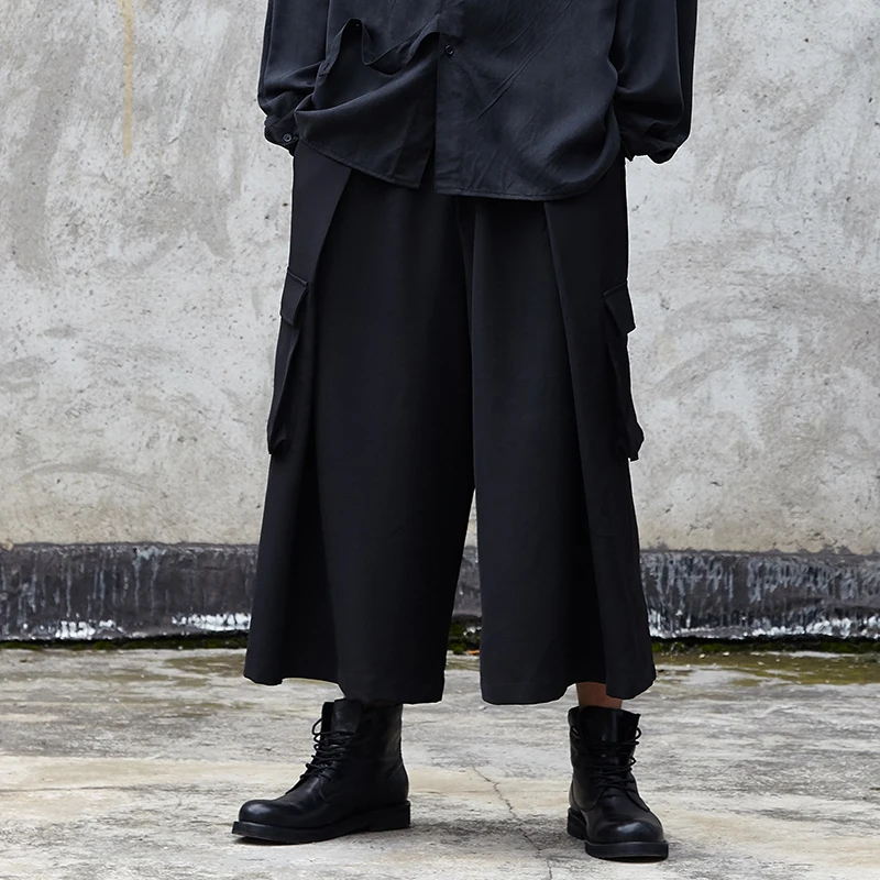 

Men's nine minute trousers spring/summer new Yamamoto style Dark Black Japanese culottes low crotch wide leg trousers for men