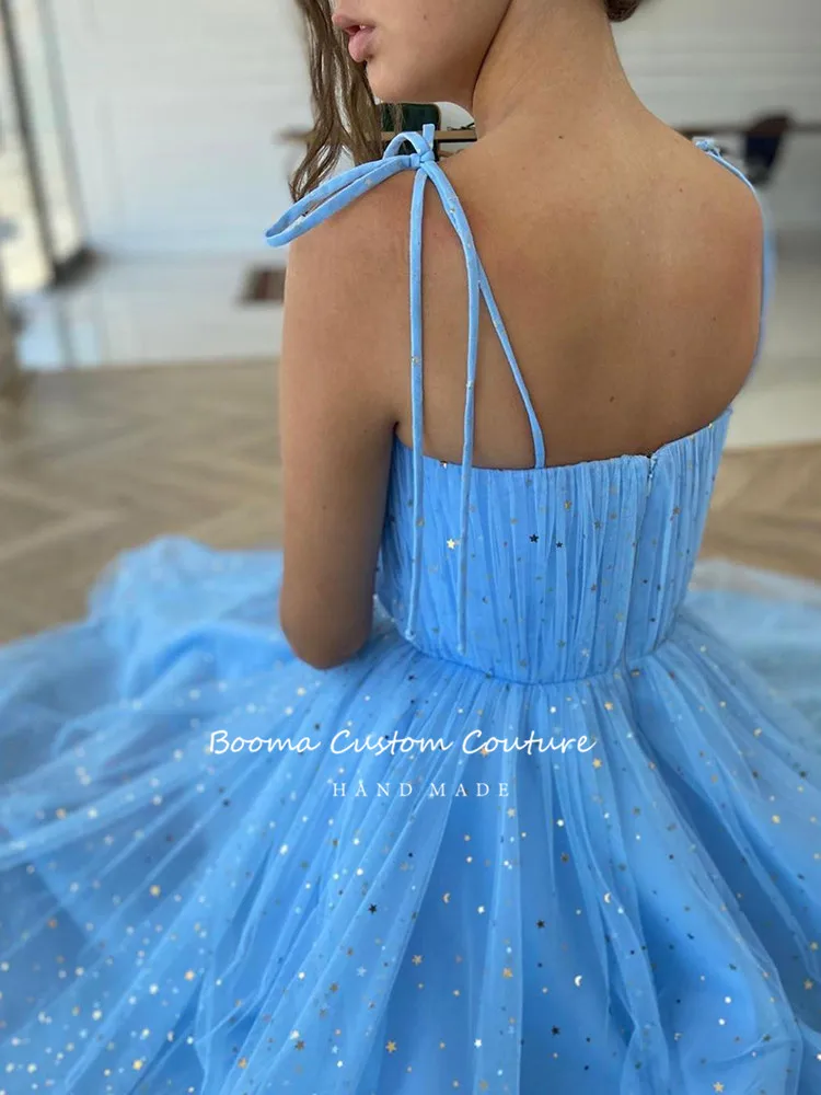 Fairy Blue Princess Prom Dresses Sparkly Starry Tulle Strapless Short Prom Gowns Pleated Tea-Length A-Line Formal Party Gowns