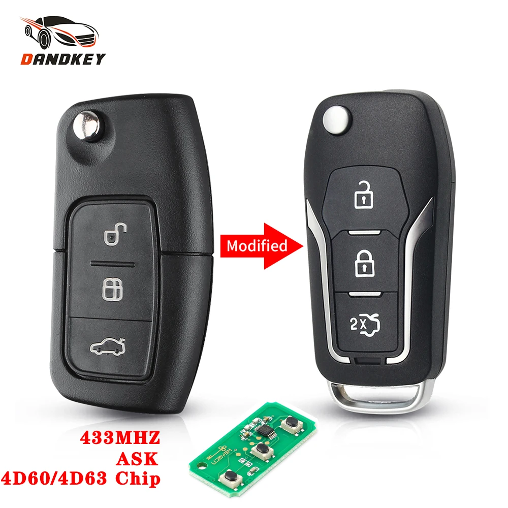 Dandkey-llave de coche con Control remoto para Ford, 433MHz, 4D60, 4D63, Chip, 3 botones, Flip, modificado, para Ford Focus 2, 3, Mondeo, Fiesta,