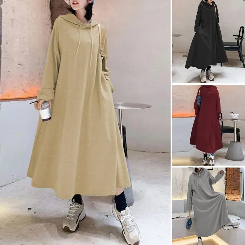 Stylish Hooded Hoodies Dress Women Autumn Sweatshirts 2023 ZANZEA Casual Long Sleeve Maxi Vestidos Female Solid Robe Oversized