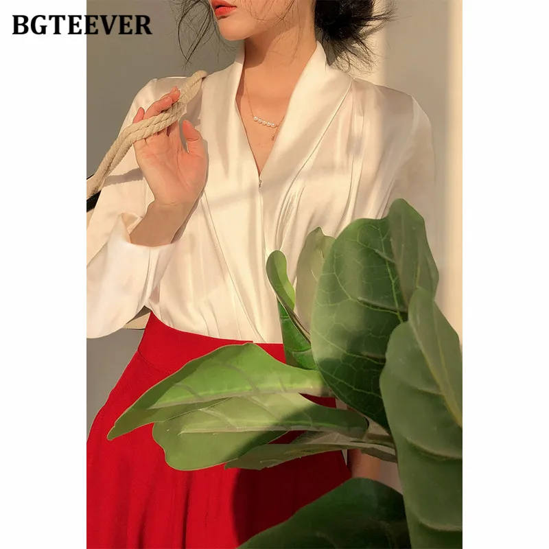 BGTEEVER Elegant V-neck Satin Women Blouses 2021 Autumn Ladies Blusas Full Sleeve Loose Office Wear Female Shirts Tops