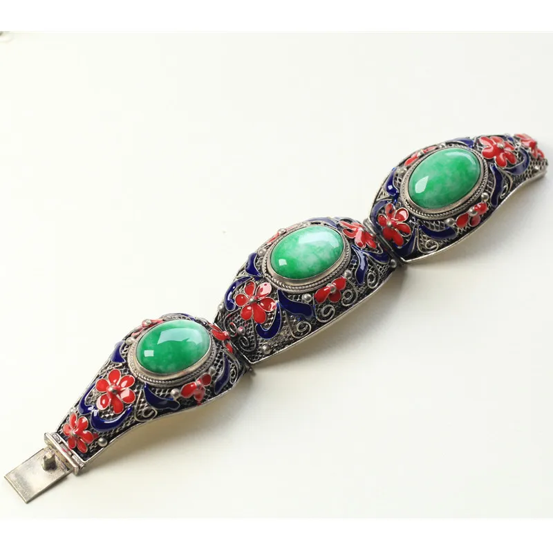 

Hot Selling Vintage Bracelet Miao Silver Cloisonne Inlaid Cyan Three Section Bracelet for Women Men Fashion Accessories