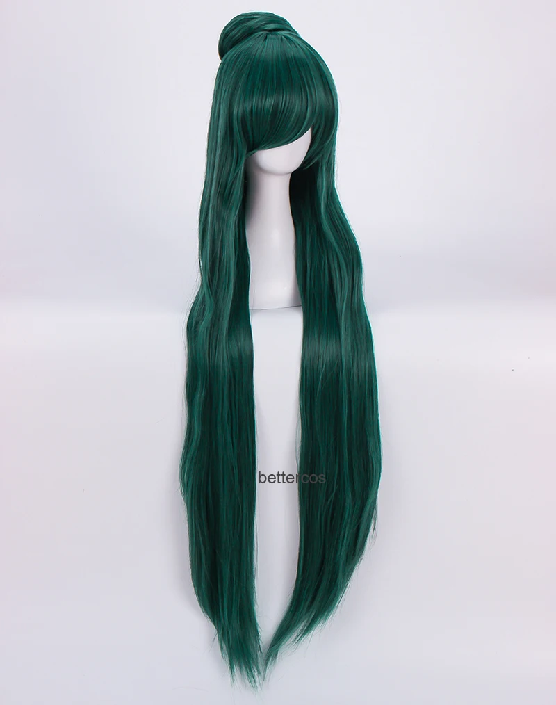 Sailor PlAAMeiou Setsuna Cosplay Perruques, 100cm de Long, Vert Foncé, Degré de Chaleur, Cheveux Synthétiques, Bonnet de Perruque, Un Chignon