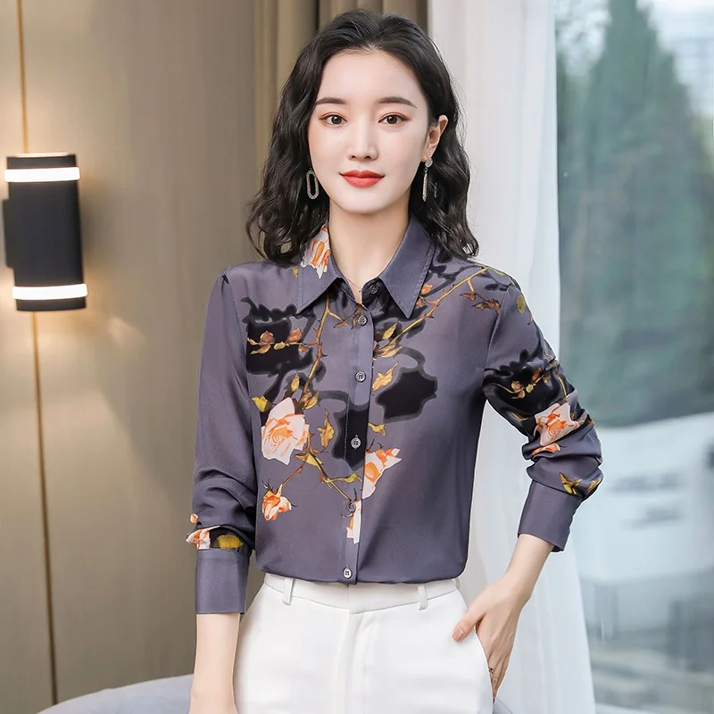 Flower Printed Silk Blouse Womens 2021 Fall Fashion Long Sleeve Mulberry Silk Top Loose