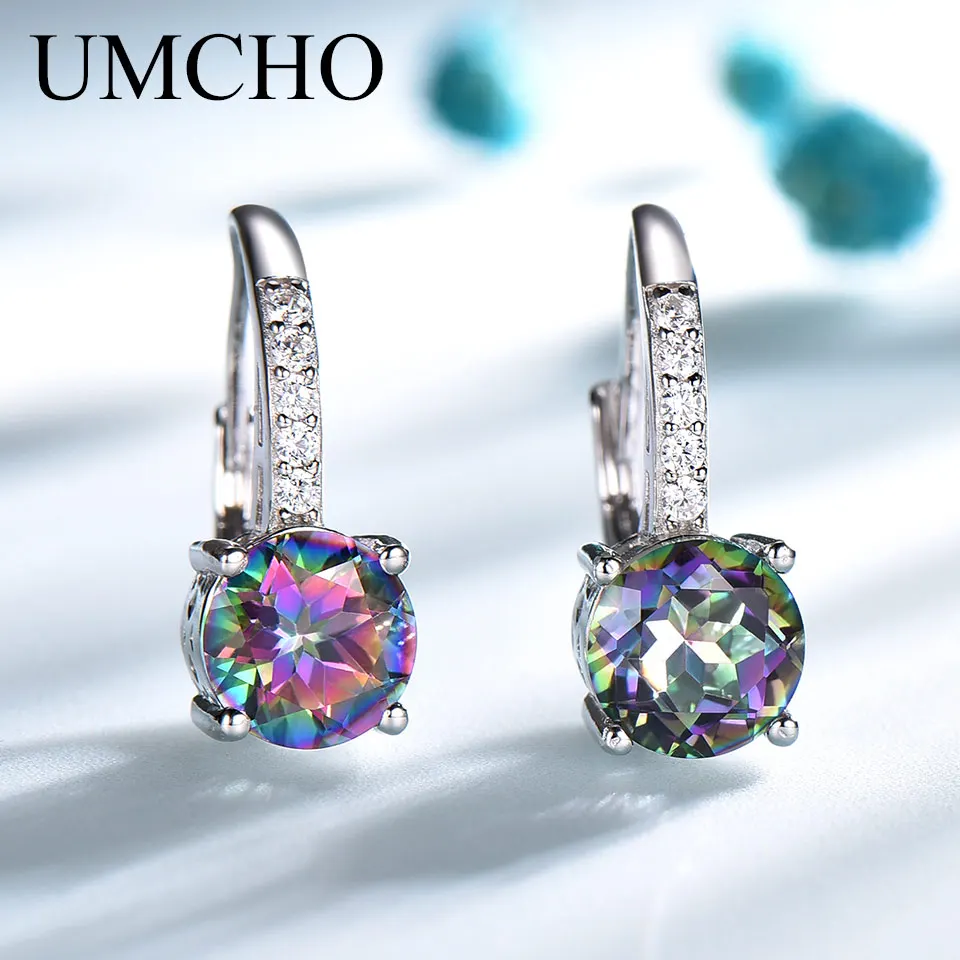 

UMCHO 100% Solid Silver 925 Jewelry Round Created Nano Mystic Topaz Clip Earrings For Women Party Gift Fine Jewelry