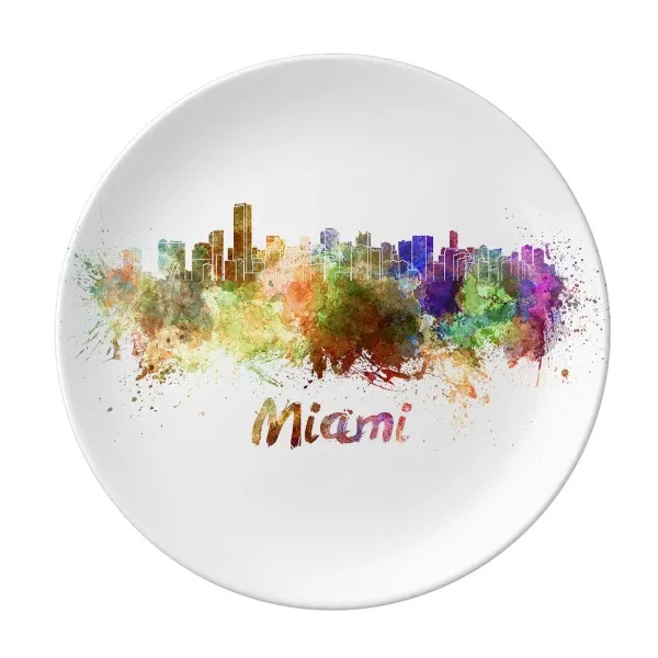 

Miami America City Watercolor Dessert Plate Decorative Porcelain 8 inch Dinner Home