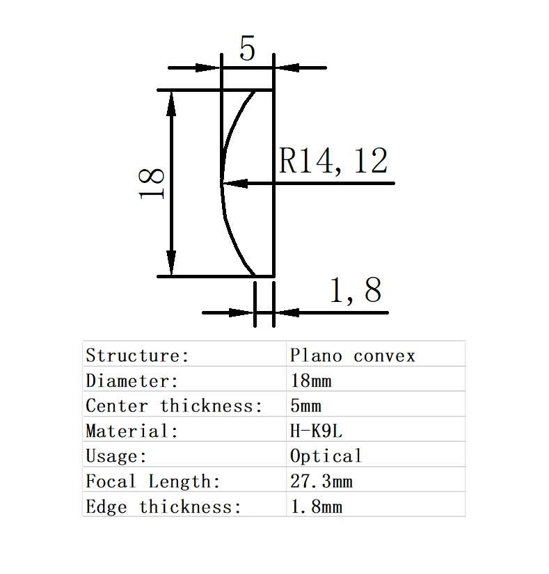 

Plano Convex Lens Diameter 18mm Focal Length 27.3mm H-K9L Glass Lens Optical Glass Optical Lens