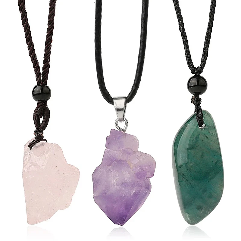 1pc Irregular Shape Fluorite Crystal Necklace Natural Stone Pendums Rose Quartz Pendant Healing Crystal