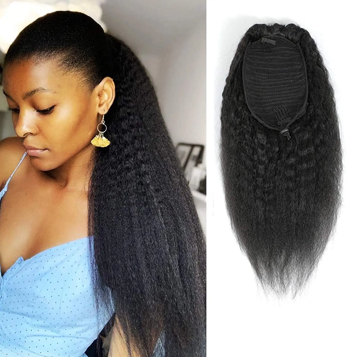 Drawstring Ponytail Cabelo humano para mulheres negras, Kinky Straight Clip Ins, não-Remy Pony Tail, extensões de cabelo peruano