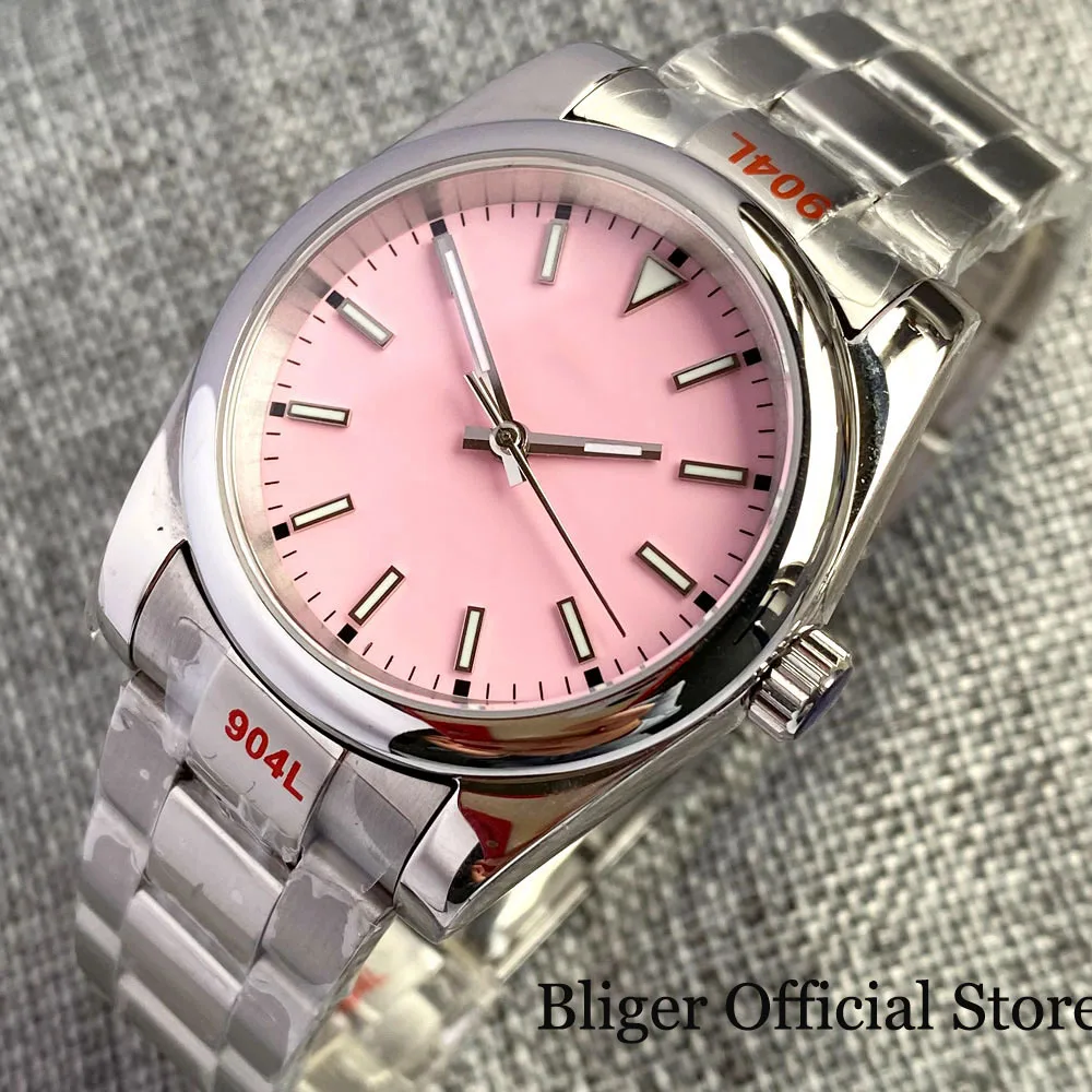 BLIGER NH35A PT5000 36mm/39mm Automatic Men Watch Glass Back Slide Lock Candy Pink/Orange/Black Dial Polished Steel bracelet