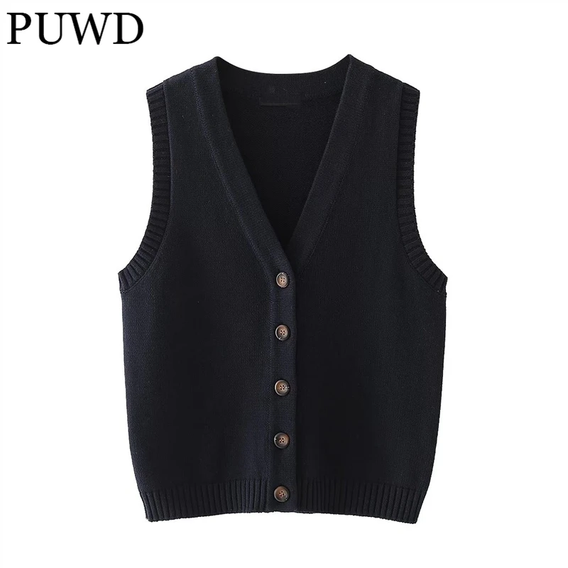 PUWD Casual Women V Neck Button Vest 2022 Autumn Fashion Ladies Solid Color Sleeveless Tops Girls Chic Streetwear Tank Tops