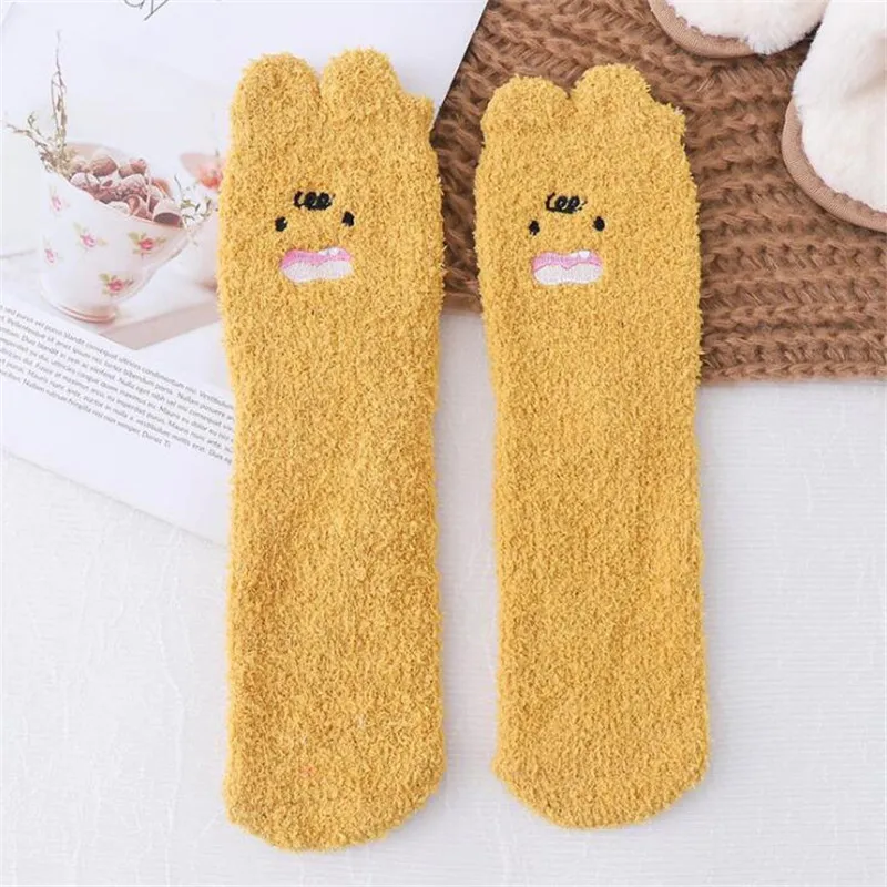 5Pairs Womens Floor Sleep Sock Autumn Winter Fun Face Slippers Fuzzy Tube Sock Female Ladies Cartoon Warm Fluffy Socks