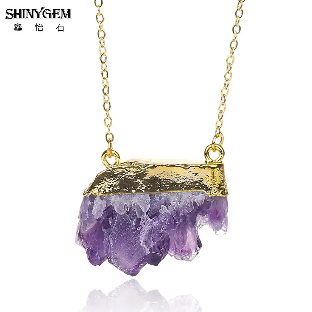 

ShinyGem Random 20-35mm Natural Raw Amethysts Necklace Gold Plating Healing Geode Purple Crystal Connector Necklaces For Women
