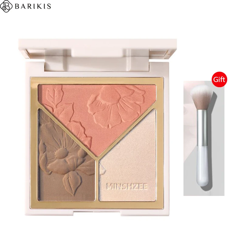 3 em 1 bronzer highlighter pó brilho blush paleta rosto blush destaque escova cosméticos maquiagem conjunto brilho bochecha em pó