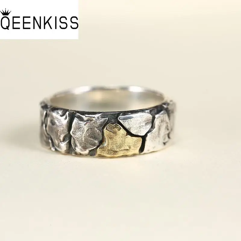 QEENKISS 925 Sterling Silver Ring for Men Father Vintage Adjustable Crack Flaw Ring Fine Jewelries Wholesale Party Gift RG6821