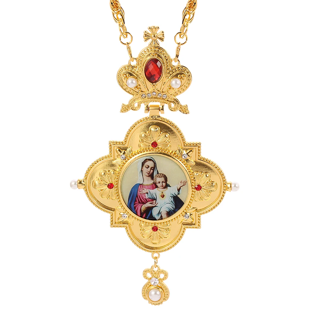 High Quality Gold Color Greek Orthodox Pectoral Cross Virgin Mary Icon Pendant Jewelry Necklace Religious Craft WIth Box