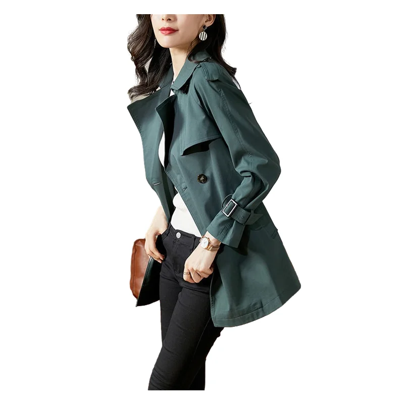 

Medium Length Windbreaker for Female, Dark Green Slim Coat, Leisure Cotton Trench with Straps, Monochrome Epaulettes, Spring and