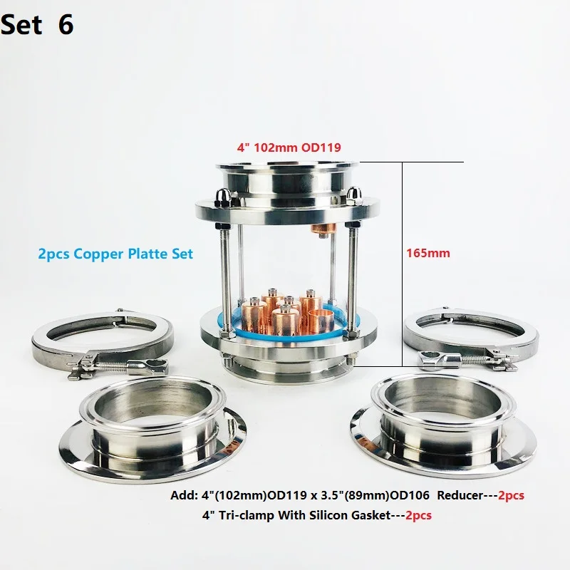 4" Distillation Lens Column With 2pcs Copper Platte Set,Tri-Clamp Sight Glass Union Stainless Steel 304
