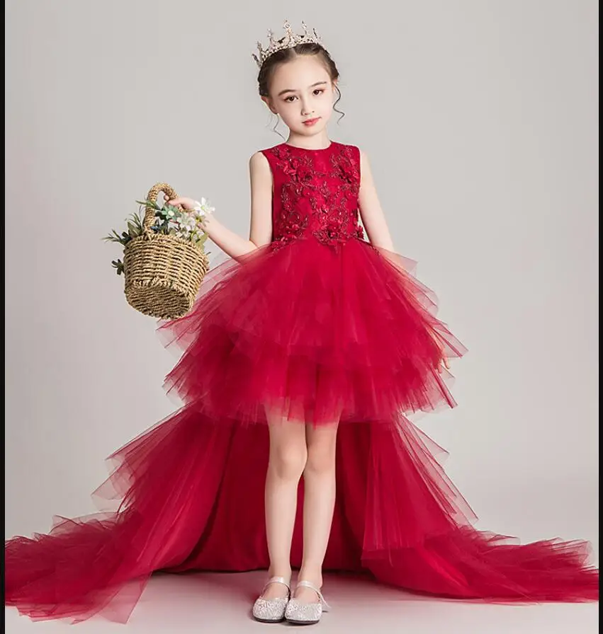 Red Tulle Girl Children Wedding Dress Appliques First Communion Formal long Lace Princess Prom Dress Party Girl Birthday Costume