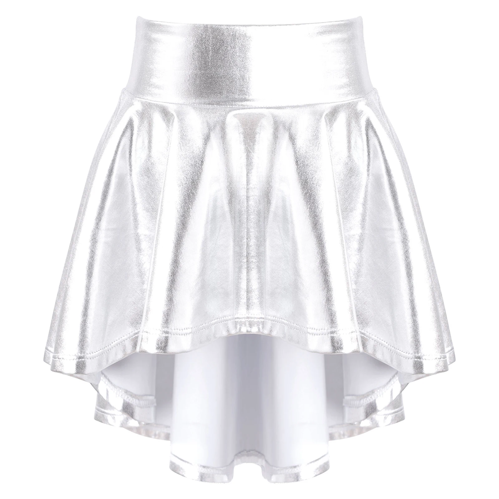 Kids Girls Shiny Metallic Figure Skating Skirt Solid Color Ruffle Irregular Hem Ballet Dance Skirt Stage Performance Costumes