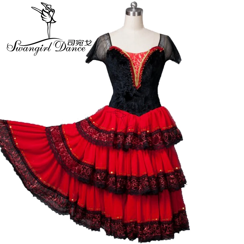 Robe de tutu de ballet romantique pour femme, adulte, rouge, noir, espagnol, tauromachie, professionnel, scène, 303 BT8994