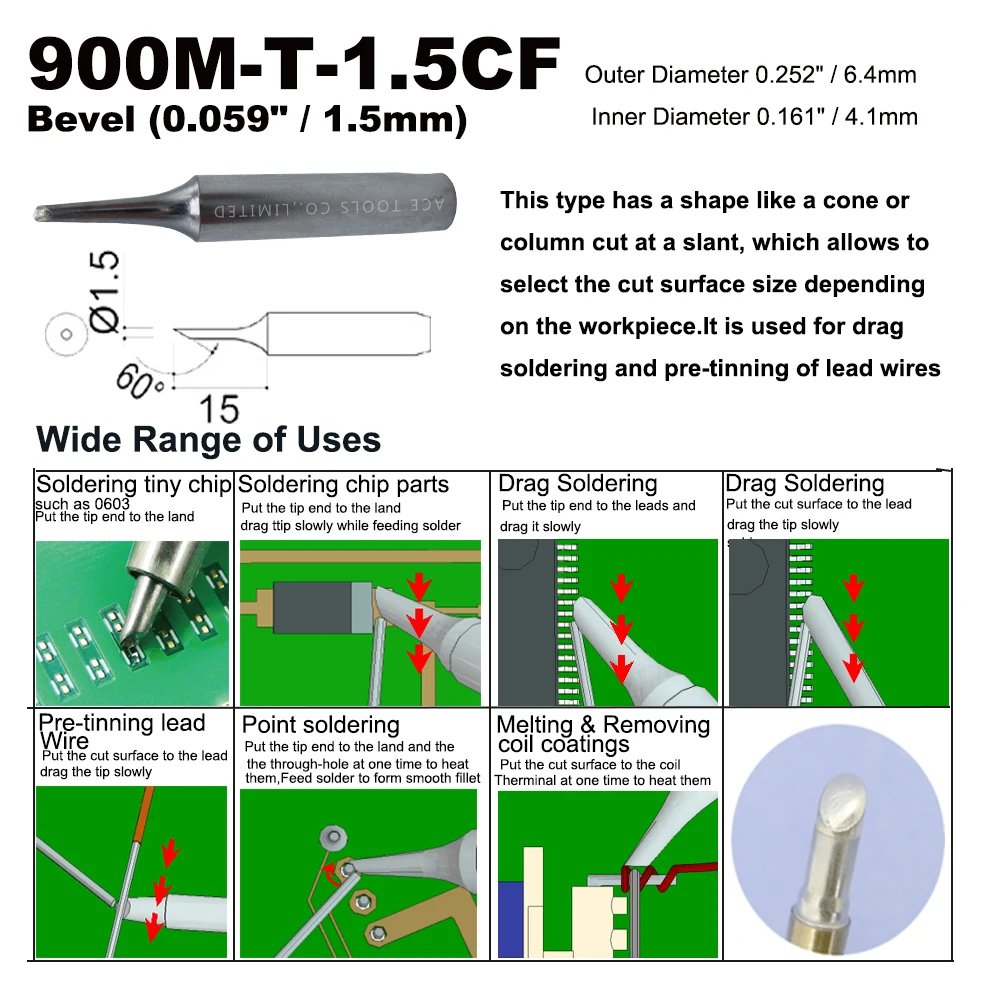 طرف مكواة لحام 900M-T-1.5CF شطبة 1.5 مللي متر لـ هاكو 936 907 ميلووكي M12SI-0 راديو شاك 64-053 Yihua 936 X-Tronics 3020 الحديد بت
