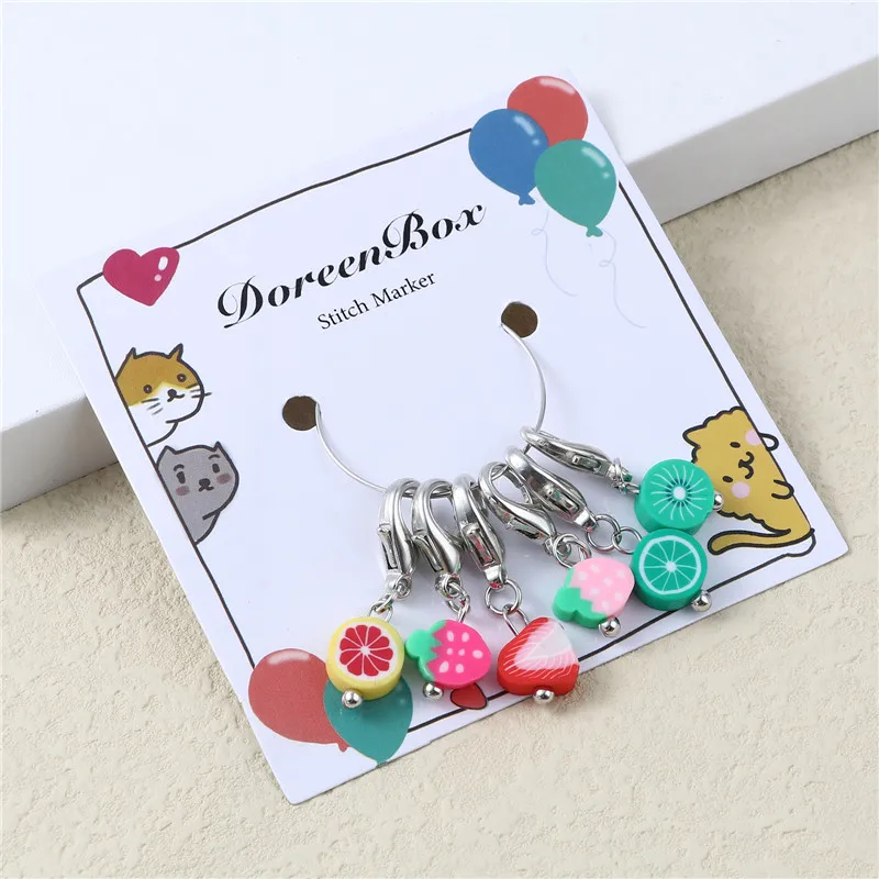 6pcs/Set Cute Clay Fruit Pendant Knitting Stitch Markers Lock Needlework Accessories Crochet Sewing DIY Supply Random Color 32mm