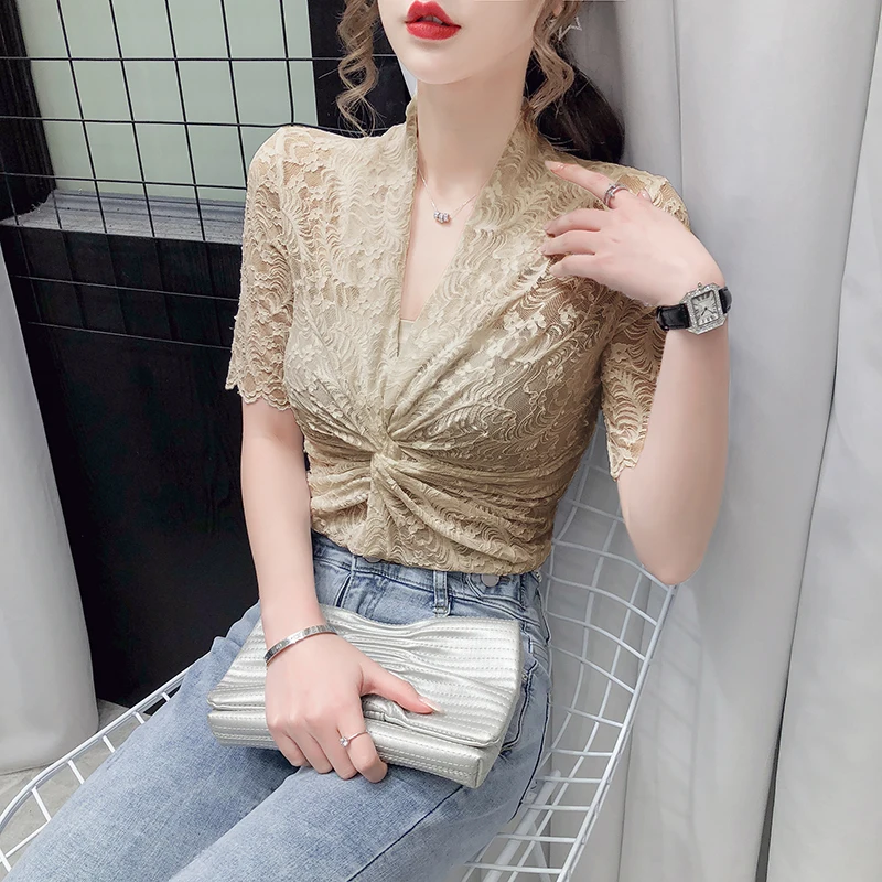 Blusa de encaje de manga corta para mujer, camisa sexy coreana con cuello en V, estilo occidental, para verano, 2020