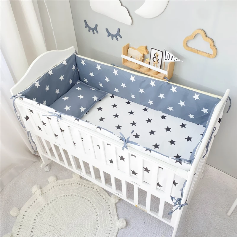 6Pcs Baby Bedding Set Cotton Cartoon Crib Bed Protector Bumper Cushion Newborns Cot Sheet Duvet Cover Pillowcase Washable Bed Se