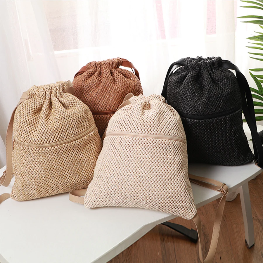 Straw Woven Backpack Women 2021 New Summer Bohemian Beach Bags Fashion Casual Drawstring Rucksack Rattan Travel Shoulder Bags