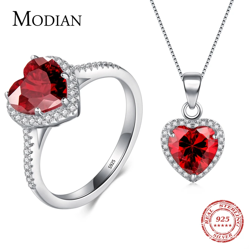 Modian Genuine Solid 925 Sterling Silver Hearts Sets Jewelry Red Ring Necklace Wedding Crystal Pendant Fashion Chain For Women