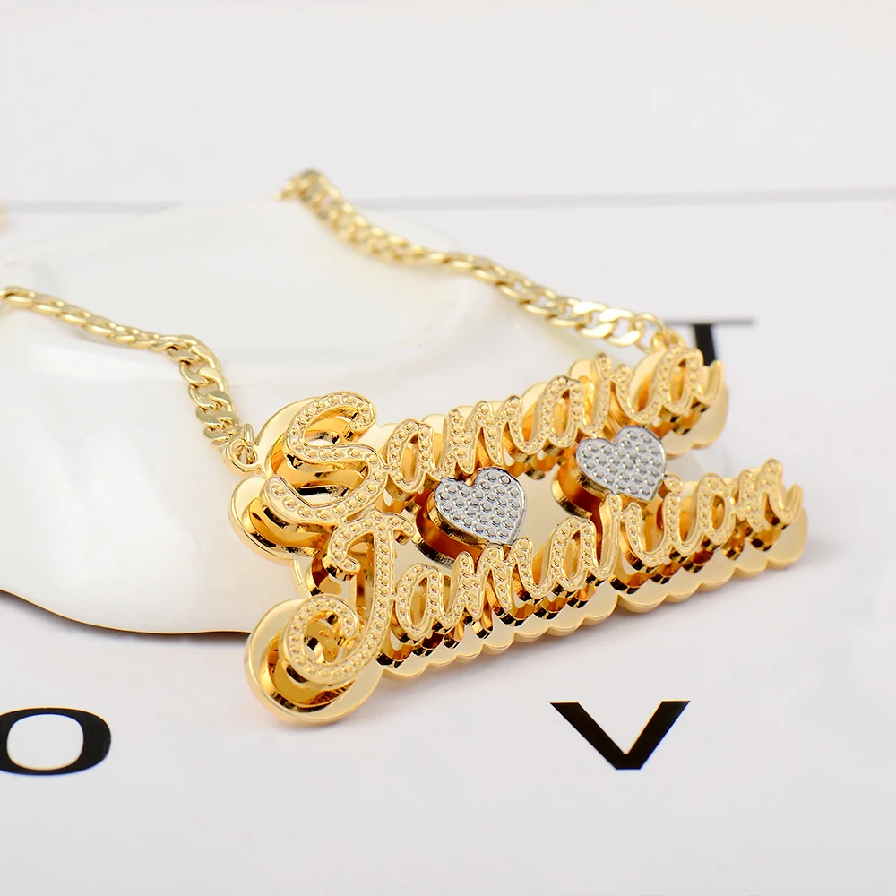 

Custom Name Necklace Double Words Stainless Steel 3D Necklace Personalized Name with Heart Necklace Two-color Plating Jewelry